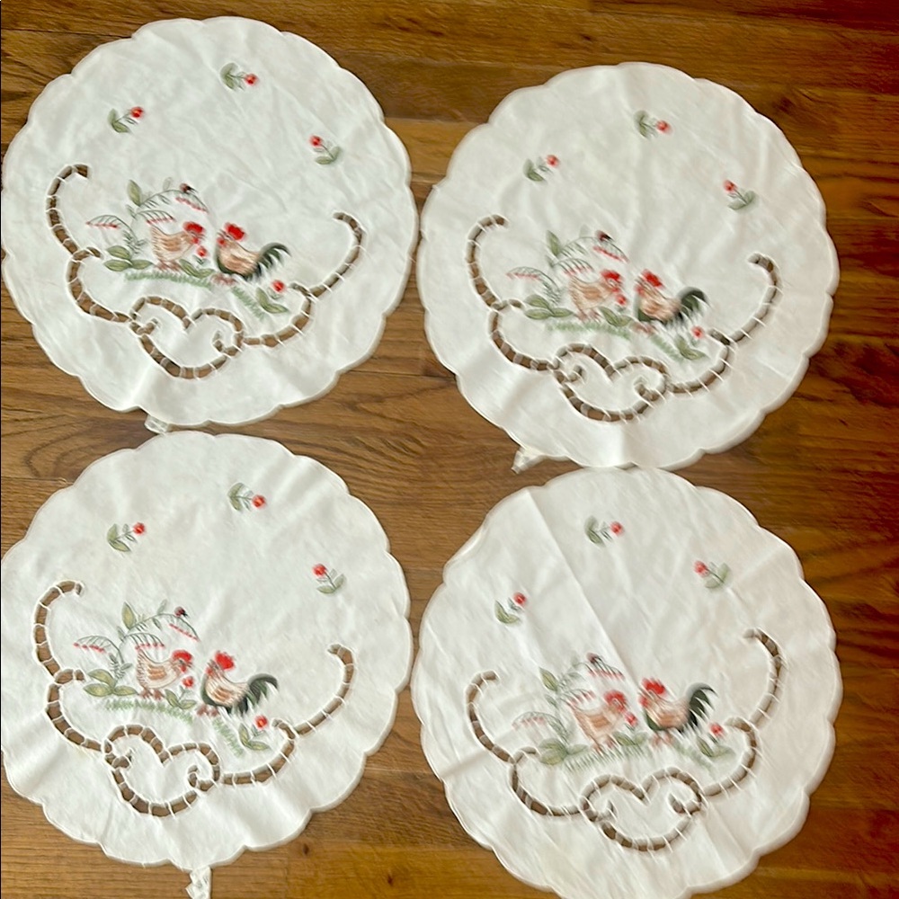 Embroidered White and Red Rooster Placemats 14” round